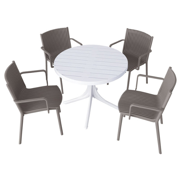 English Elm Summer 5 Piece Stackable Polypropylene Outdoor Dining Set with Round Table for Patios Warm Grey,White W3450S00023