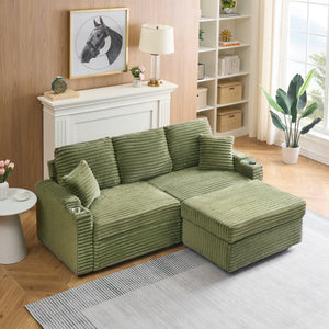 English Elm 80" Corduroy Multi-Function Sofa with Hidden Recliner, Space-Saving Design, Armrests, Cup Holders, Removable Footstool Green W3356S00019