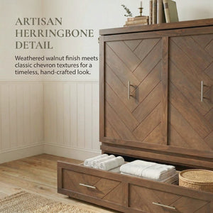 English Elm Queen Cabinet Murphy Bed Pine Wood Frame Geometric Panel Usb Charging Guest Room W504S00306