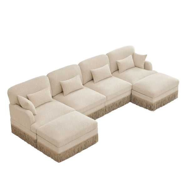 English Elm 131"comfy Chenille Leopard Print U-shaped Sectional with Tassel Trim and Modular Ottomans Beige W5656S00009