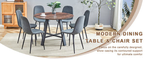 English Elm Table 7-Piece Modern Minimalist Dining Set: 42" Round Walnut Table & 6 Dark Gray Linen Chairs W1151S03754-GIGA