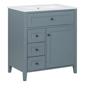 English Elm 30-Inch Contemporary Bathroom Vanity with Sink, MDF & Rubberwood, Glossy Finish, 3 Drawers + Cabinet Blue Gray N725P350819E