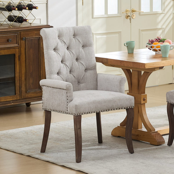 English Elm Upholstered Chenille Accent Dining Chair with Tufted Diamond Back, Curved Solid Wood Legs, Comfortable Support Beige W1143P346927