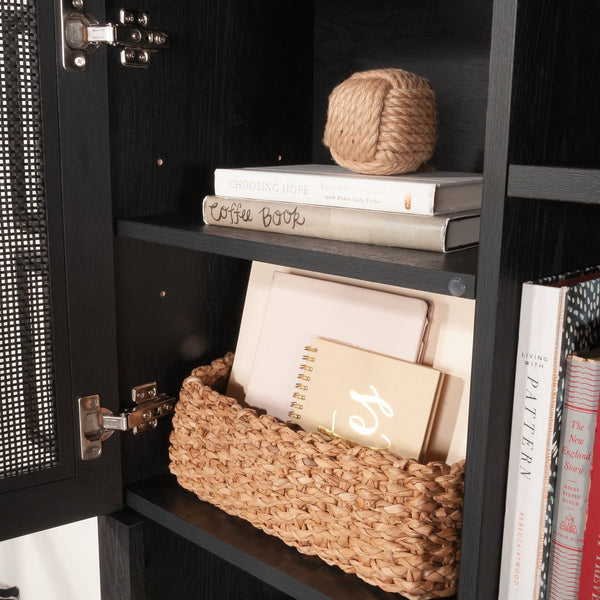 English Elm Hutch, Sleek Black Finish Modern Storage Solution With Adjustable Shelves And Open Display Space B356P402581