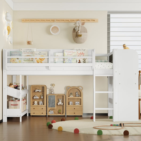English Elm Twin Low Loft Bed Solid Pine Frame Kids Study Desk Blackboard Storage White W1580S00297