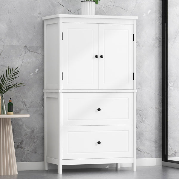 English Elm Bathroom Storage Cabinet with Two Doors and Drawers, Adjustable Shelf, MDF Finish, Slim 28"L x 15"W White N725P188460K