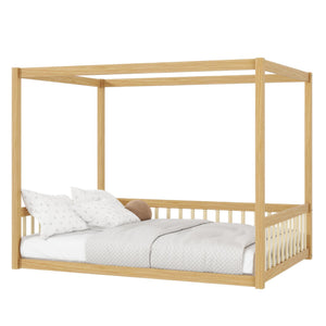 English Elm Full Size Canopy Floor Bed In Natural Rubberwood With Guardrails - Perfect For Kids' Imagination! W504P345756