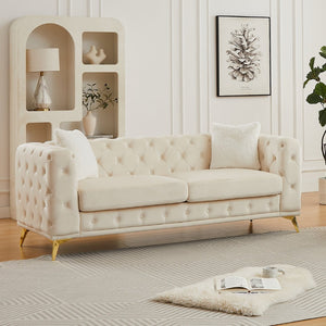 English Elm Fx Chesterfield Velvet Sofa with Diamond Tufting Polished Legs and Accent Pillows Beige W1926S00080