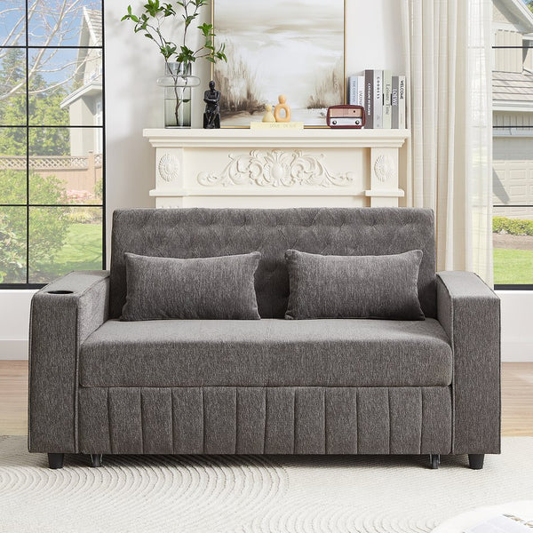 English Elm 61.4" Pull-out Sofa Bed Loveseat with Adjustable 3-Position Backrest, USB Ports, Cup Holders, Storage Rack Grey N719S001900E
