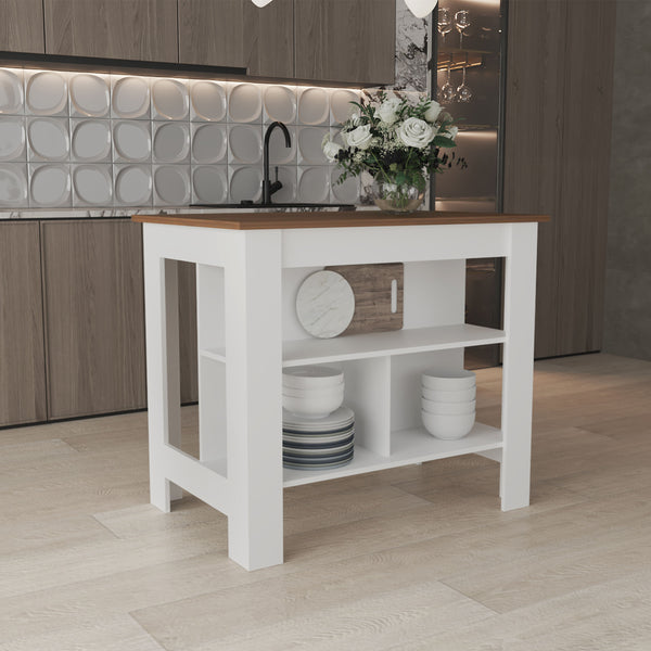 English Elm Island 35.4" H Kitchen Island With 3 Shelves, White & Mahogany Finish For Stylish Storage & Prep B097P250890