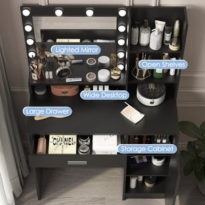 English Elm Vanity Desk With Mirror & 3 Adjustable Lighting Modes, Ample Storage & Elegant Black Finish For Bedrooms W2386P369684-GIGA