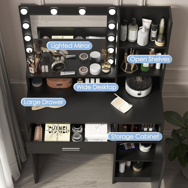 English Elm Vanity Desk With Mirror & 3 Adjustable Lighting Modes, Ample Storage & Elegant Black Finish For Bedrooms W2386P369684-GIGA