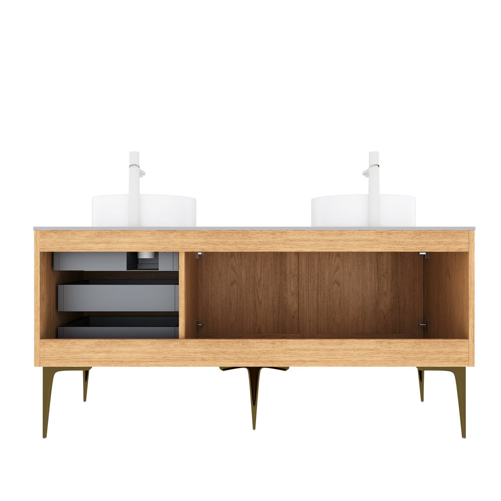 English Elm MUNIN 60" Freestanding Bathroom Cabinet with Carrara Sintered Top, 2 Drawers 3 Doors, Light Oak Finish W2615P200035