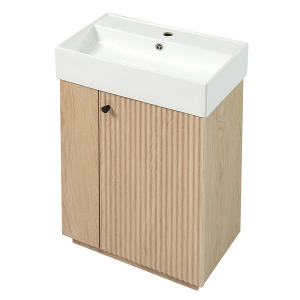 English Elm [video]21.6" Freestanding Bathroom Vanity Ceramic Sink Wavy Door Mdf Cabinet Small Bath Wood N729P285503N