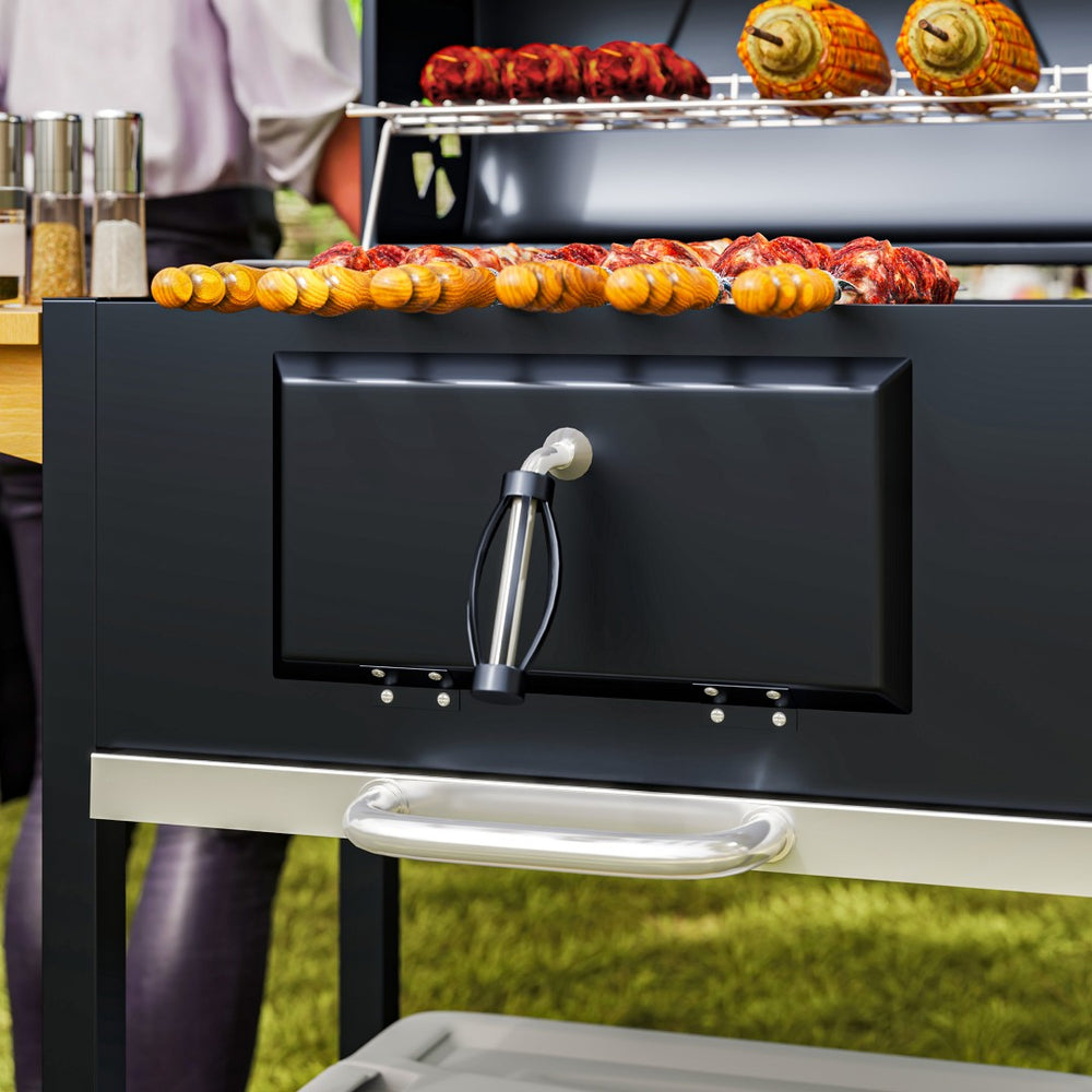 English Elm Outsunny Barrel Charcoal Grill with Side Table Shelf Wheels and Lid Thermometer W2225P485632