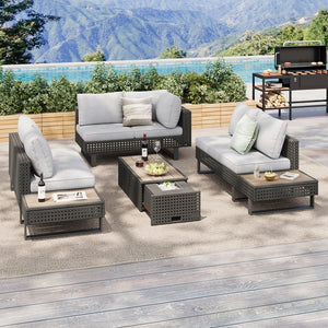 English Elm K&K 6-Pers Diamond Weave Patio Sectional Set with Thick Cushions, Extendable Ice Coffee Table, UV-Resistant Wicker Grey+Brown+Yellow N707S000013G