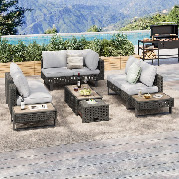 English Elm K&K 6-Pers Diamond Weave Patio Sectional Set with Thick Cushions, Extendable Ice Coffee Table, UV-Resistant Wicker Grey+Brown+Yellow N707S000013G