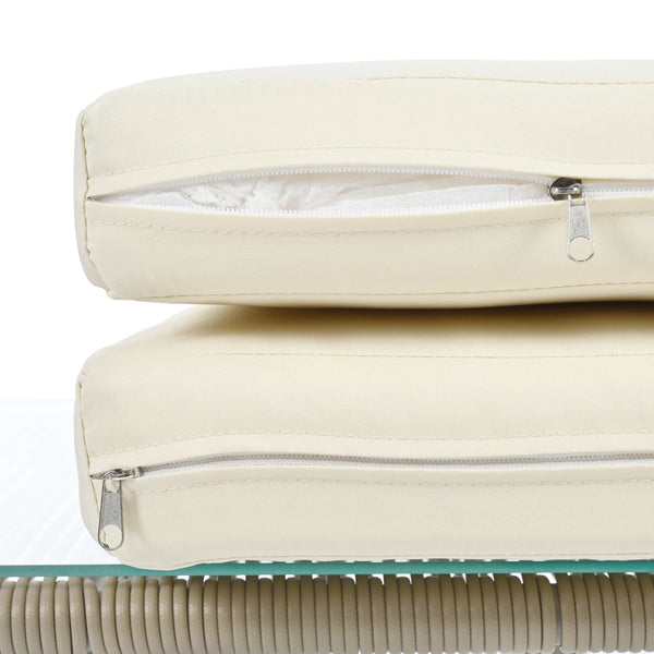 English Elm 4 Piece Patio Rattan Set with High-Rebound Cushions and Wood-Grain Tempered Glass Tabletop, Stylish Outdoor Conversation Sofa for Garden Balcony Poolside White+Natural W2337S00002