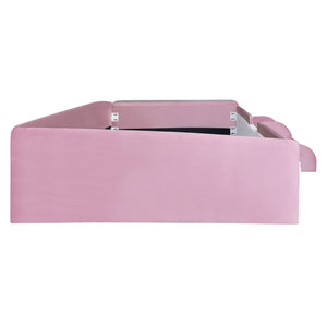 English Elm Twin Velvet Kids Daybed with Built-in Stairs Padded Guardrails and Gas Lift Storage Pink+White SF000201AAH