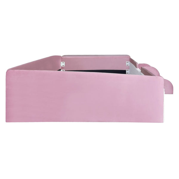 English Elm Twin Velvet Kids Daybed with Built-in Stairs Padded Guardrails and Gas Lift Storage Pink+White SF000201AAH