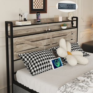 English Elm Queen-size Storage Platform Bed with Led Headboard 12 Drawers and Charging Station Gray W5026P404143
