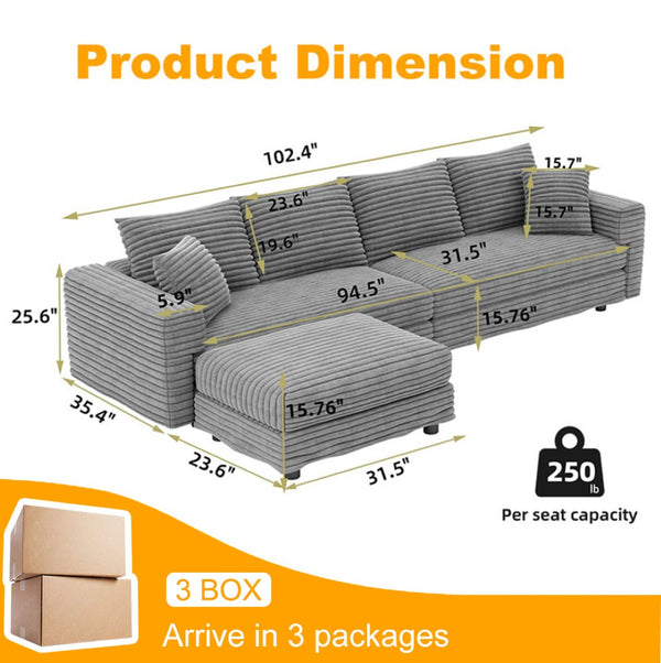 English Elm 102.4 Inch Plush Corduroy Cloud Sofa Deep Seat Four Person Convertible Lounge for Living Room Grey W1885S00274