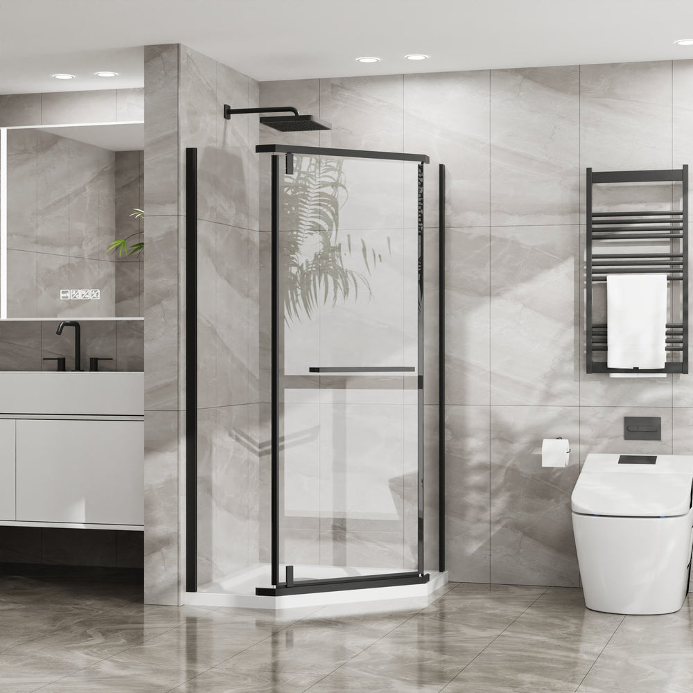 English Elm Goodyo Neo-Angle Frameless Shower Door with Acrylic Base 36"x36"x72" Tempered Glass Pivot System Black W1223S00024