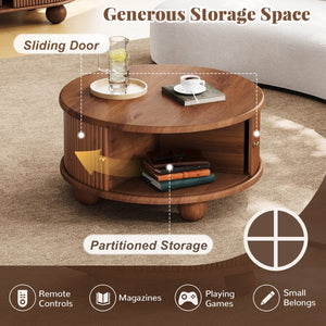 English Elm Round Fluted Pine Wood Coffee Table with Hidden Sliding Door Storage for Living Room Walnut N735P369879D