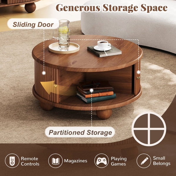 English Elm Round Fluted Pine Wood Coffee Table with Hidden Sliding Door Storage for Living Room Walnut N735P369879D