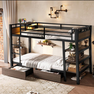 English Elm Full Size Metal Loft Bed with Stair Storage Shelves Bookshelf for Dorms Bedroom W1580S00346