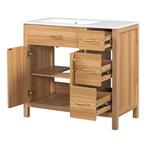 English Elm 36" Wood Bathroom Vanity with Solid Frame, Gold Handles, 3 Soft-Close Drawers & 2 Doors, Spacious Countertop N729P204176N