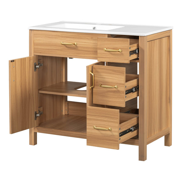 English Elm 36" Wood Bathroom Vanity with Solid Frame, Gold Handles, 3 Soft-Close Drawers & 2 Doors, Spacious Countertop N729P204176N