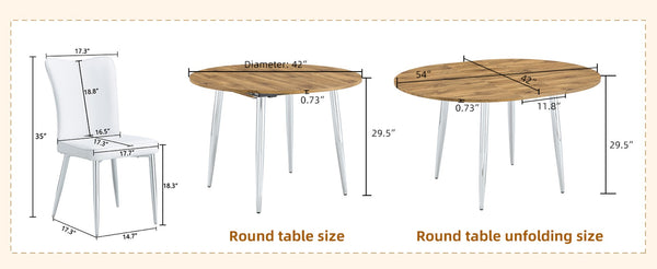 English Elm Table Set Extendable Round to Oval Wood Grain Top with Four White Pu Dining Chairs W1151S03962