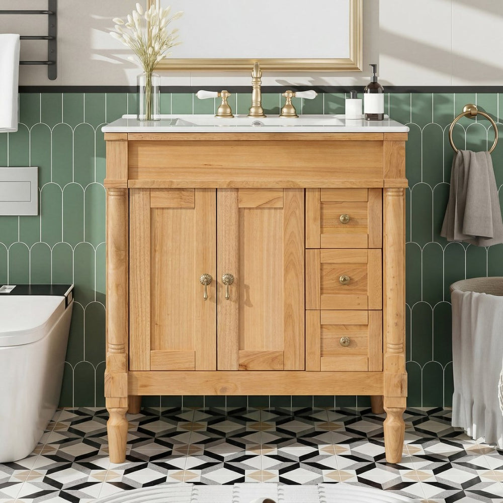 English Elm 30-inch Freestanding Bathroom Vanity Solid Wood Base Ceramic Sink Gold Hardware N729P299368N