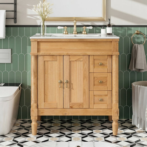 English Elm 30-inch Freestanding Bathroom Vanity Solid Wood Base Ceramic Sink Gold Hardware N729P299368N