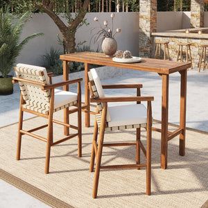 English Elm 3 Piece Acacia Wood Outdoor Bar Set with Cushioned Stools for Patio or Poolside N704G201253A
