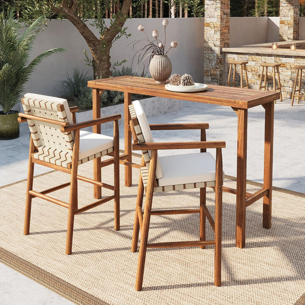 English Elm 3 Piece Acacia Wood Outdoor Bar Set with Cushioned Stools for Patio or Poolside N704G201253A