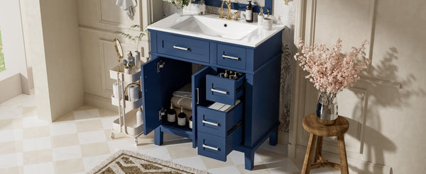 English Elm 30" Freestanding Bathroom Vanity Ceramic Sink Soft Close Cabinet Gray Wood Frame Blue N729P427118C