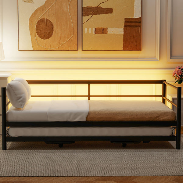 English Elm Twin Metal Daybed with LED Lighting and Adjustable Pop-Up Trundle, Industrial Steel Frame, Heavy-Duty Support Black N750P244915B