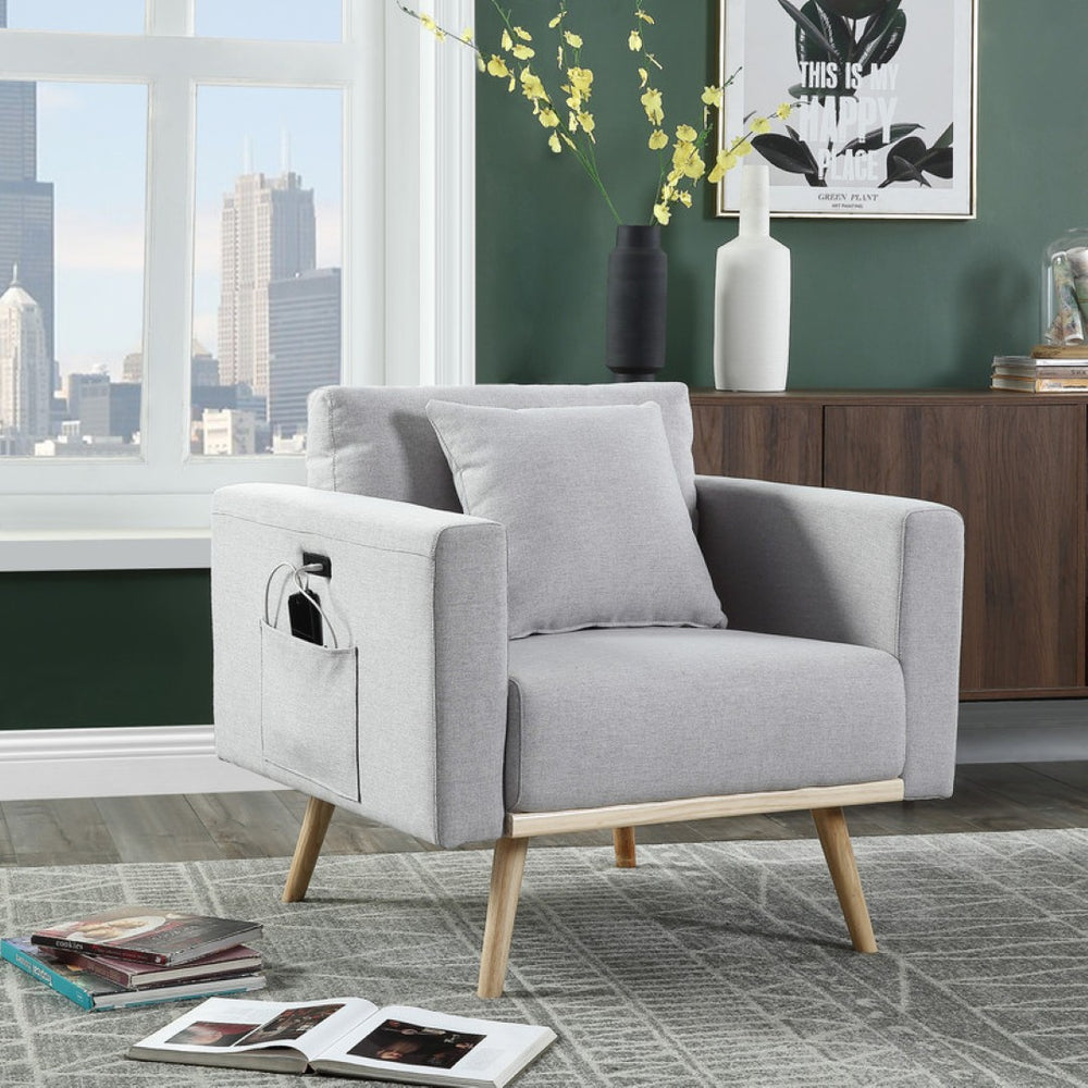 English Elm Elio Mid-century Linen Accent Chair with Usb Ports Wood Legs and Magazine Pockets B2749P413345
