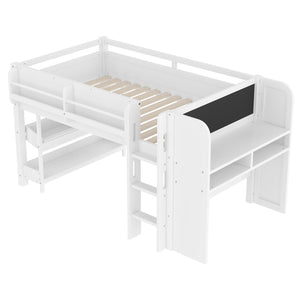English Elm Twin Low Loft Bed Solid Pine Frame Kids Study Desk Blackboard Storage White W1580S00297