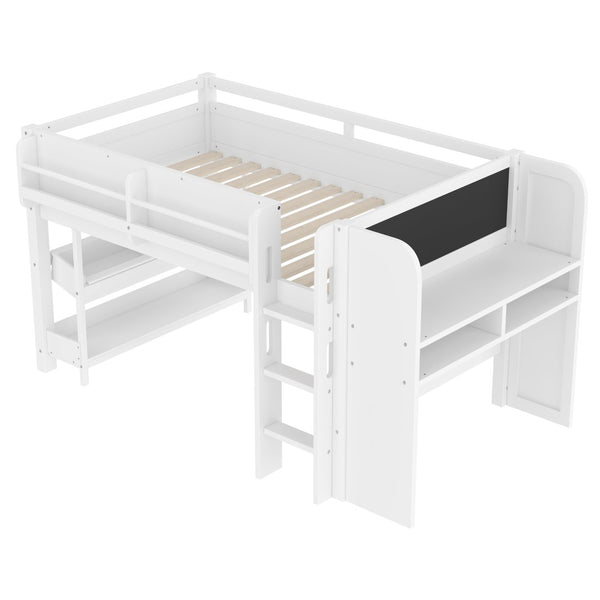 English Elm Twin Low Loft Bed Solid Pine Frame Kids Study Desk Blackboard Storage White W1580S00297
