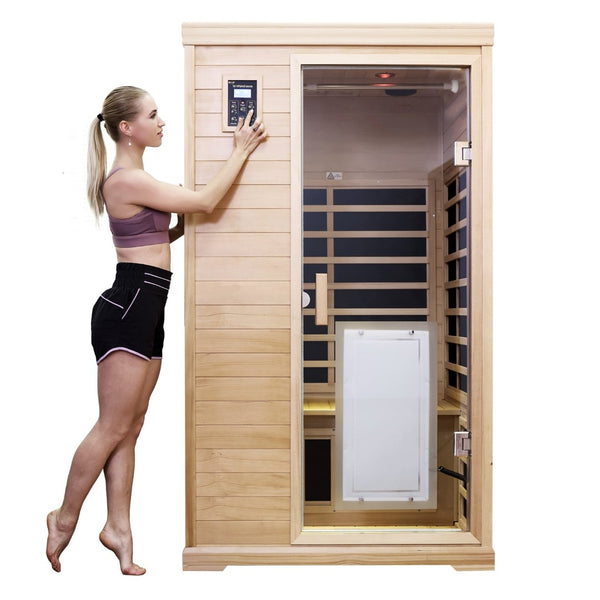 English Elm Hemlock Wood Two Person Far Infrared Indoor Sauna with Bluetooth and Led Lighting W632S00003