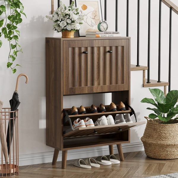 English Elm Medieval-style Entryway Shoe Cabinet Walnut Tilt-out Storage Grooved Upright Unit W1706P465289