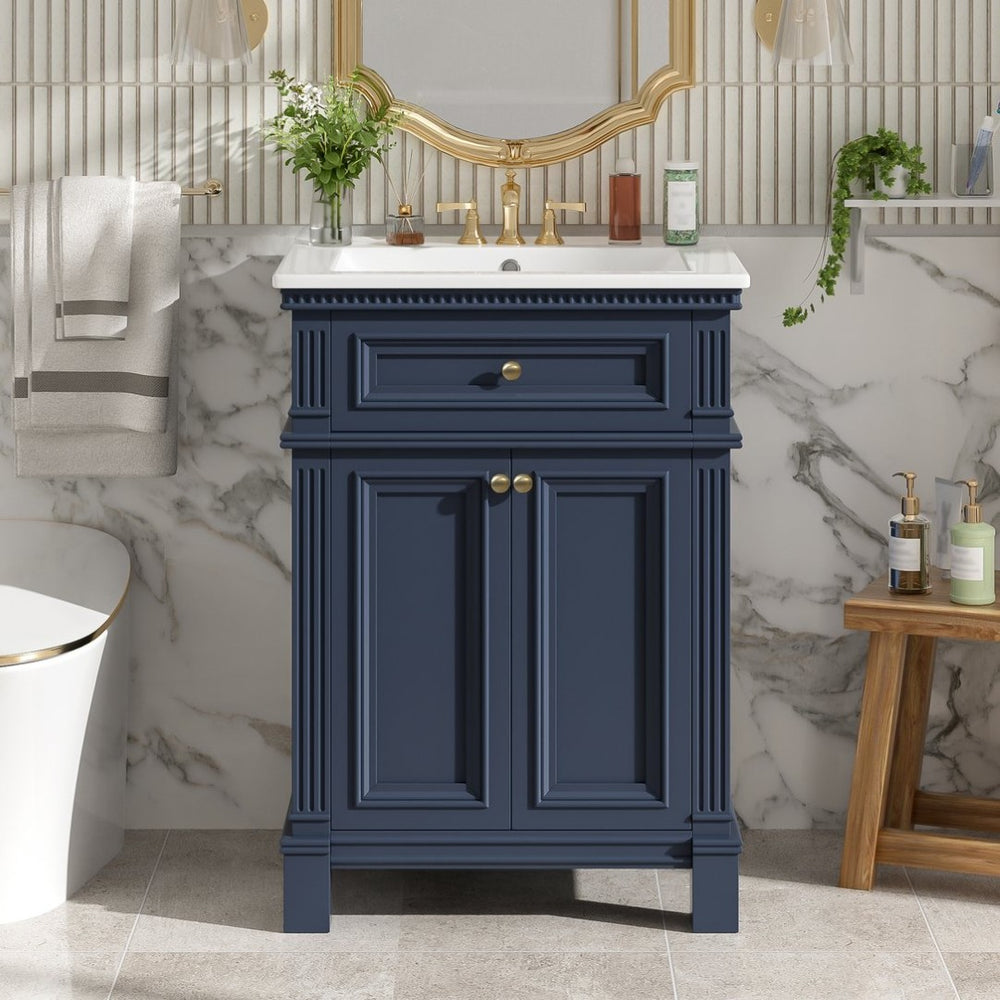 English Elm 24'' Carved Farmhouse Bathroom Vanity with Ceramic Sink Soft Close Storage Cabinet Blue N710P446530C