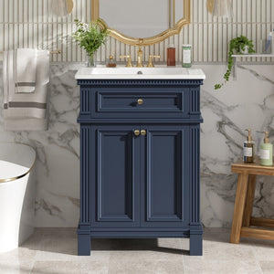 English Elm 24'' Carved Farmhouse Bathroom Vanity with Ceramic Sink Soft Close Storage Cabinet Blue N710P446530C