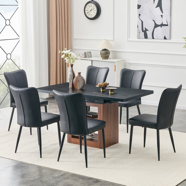 English Elm Expandable Dining Set with Six Pu Leather Chairs Dual Tone Modern Table W1151S04703
