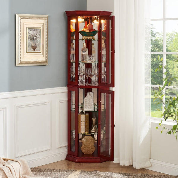 English Elm Corner Curio Cabinet Lighted Glass Shelves Mirrored Backing Living Room Display W2275P177189