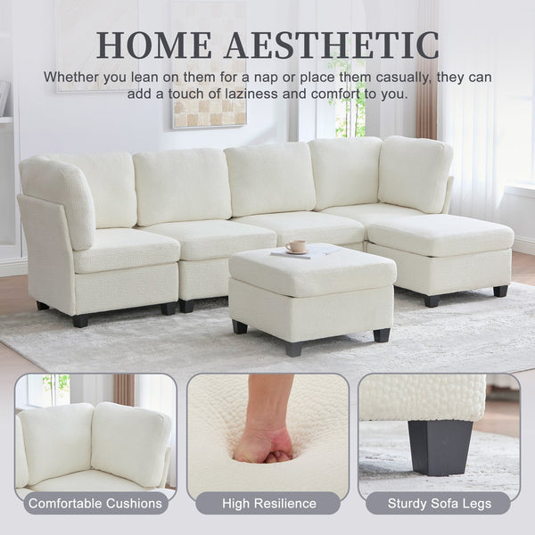 English Elm UNITED Modular 6-Seat Sectional Sofa with Removable Ottoman, Storage Compartments, Convertible Comfort Beige W1568S00242