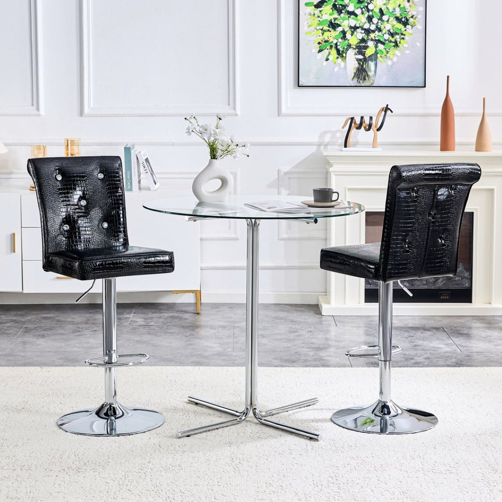 English Elm A Set of 2 Glam Faux Alligator Pvc Barstools with Crystal Buckle Detail Black W1512P491868